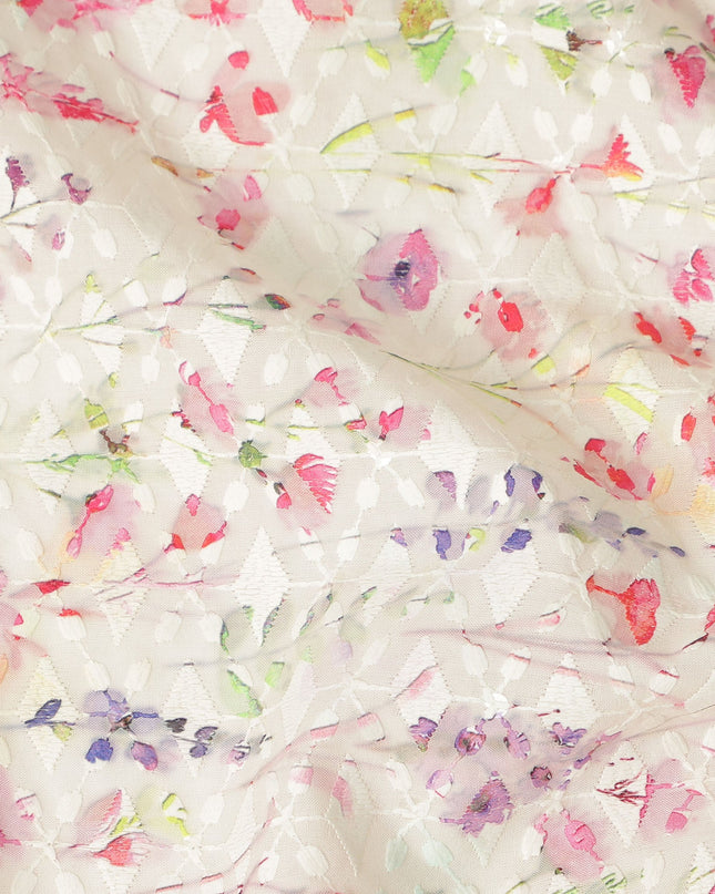Cream Multicolor Delicate Floral Embroidered Cotton Lawn Fabric Soft Lightweight Botanical Threadwork Design Breathable Dressmaking Sewing Material 110 Cms Width Made in India-D28245