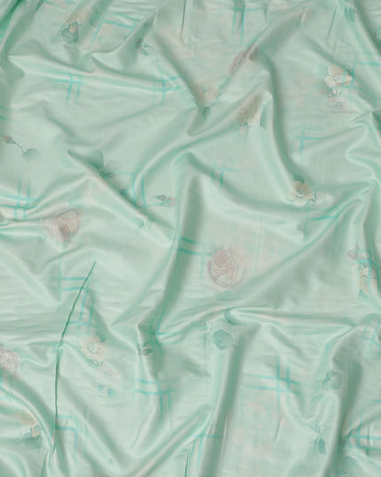 Mint Green Floral Printed Viscose Crepe Fabric Soft Lightweight Draping Rose Flower Grid Print Dressmaking Sewing Craft Apparel Material 110 Cms Width Made In India-D28387