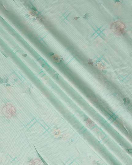 Mint Green Floral Printed Viscose Crepe Fabric Soft Lightweight Draping Rose Flower Grid Print Dressmaking Sewing Craft Apparel Material 110 Cms Width Made In India-D28387
