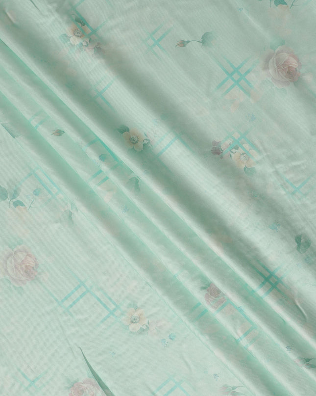Mint Green Floral Printed Viscose Crepe Fabric Soft Lightweight Draping Rose Flower Grid Print Dressmaking Sewing Craft Apparel Material 110 Cms Width Made In India-D28387