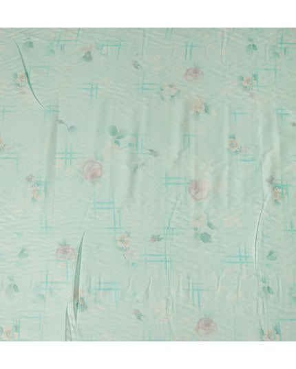 Mint Green Floral Printed Viscose Crepe Fabric Soft Lightweight Draping Rose Flower Grid Print Dressmaking Sewing Craft Apparel Material 110 Cms Width Made In India-D28387