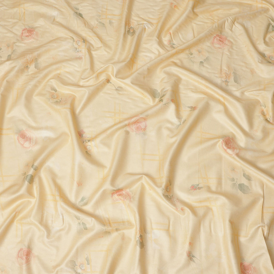 Yellow Floral Printed Viscose Crepe Fabric Soft Lightweight Draping Rose Flower Grid Print Dressmaking Sewing Craft Apparel Material 110 Cms Width Made In India-D28386