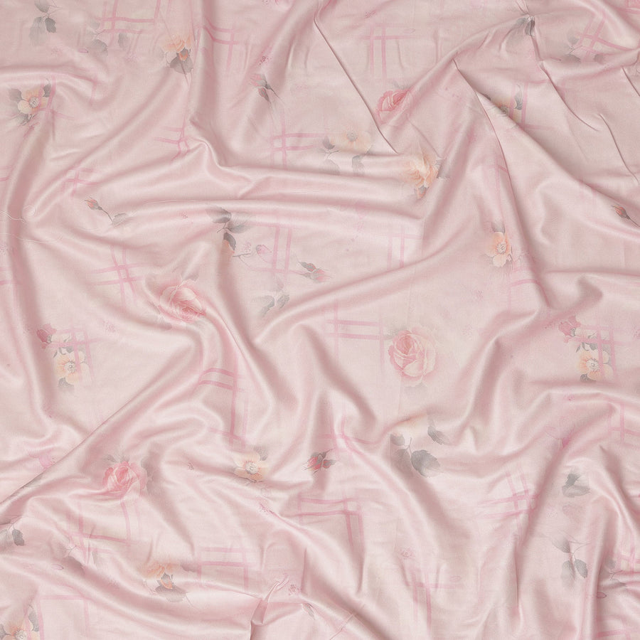 Pink Floral Printed Viscose Crepe Fabric Soft Lightweight Draping Rose Flower Grid Print Dressmaking Sewing Craft Fabric 110 Cms Width Elegant Apparel Material Made In India-D28385