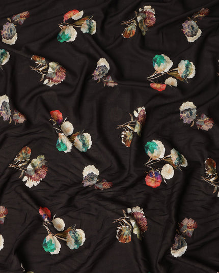 Black Floral Printed Viscose Crepe Fabric Soft Lightweight Draping Multicolor Flower Print Dressmaking Sewing Craft Apparel Material 110 Cms Width Made In India-D28390