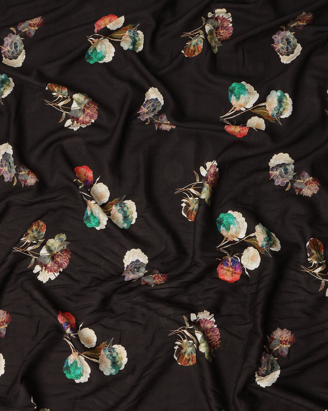 Black Floral Printed Viscose Crepe Fabric Soft Lightweight Draping Multicolor Flower Print Dressmaking Sewing Craft Apparel Material 110 Cms Width Made In India-D28390