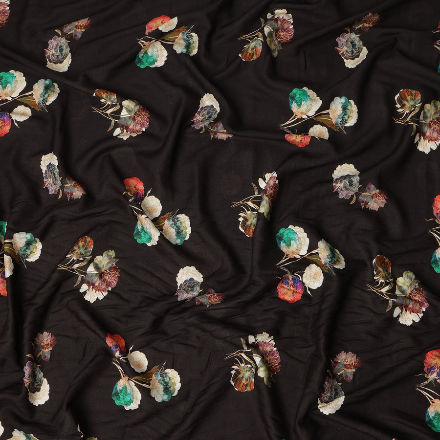 Black Floral Printed Viscose Crepe Fabric Soft Lightweight Draping Multicolor Flower Print Dressmaking Sewing Craft Apparel Material 110 Cms Width Made In India-D28390