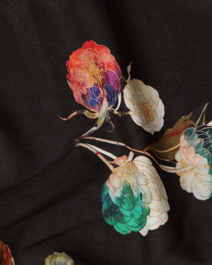 Black Floral Printed Viscose Crepe Fabric Soft Lightweight Draping Multicolor Flower Print Dressmaking Sewing Craft Apparel Material 110 Cms Width Made In India-D28390