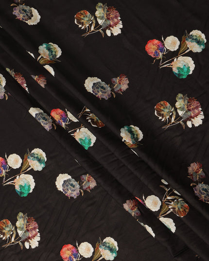 Black Floral Printed Viscose Crepe Fabric Soft Lightweight Draping Multicolor Flower Print Dressmaking Sewing Craft Apparel Material 110 Cms Width Made In India-D28390