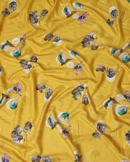 Mustard Yellow Floral Printed Viscose Crepe Fabric Soft Lightweight Draping Multicolor Flower Print Dressmaking Sewing Craft Apparel Material 110 Cms Width Made In India-D28389