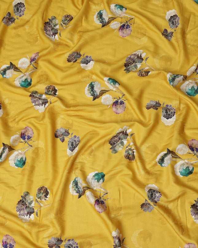 Mustard Yellow Floral Printed Viscose Crepe Fabric Soft Lightweight Draping Multicolor Flower Print Dressmaking Sewing Craft Apparel Material 110 Cms Width Made In India-D28389