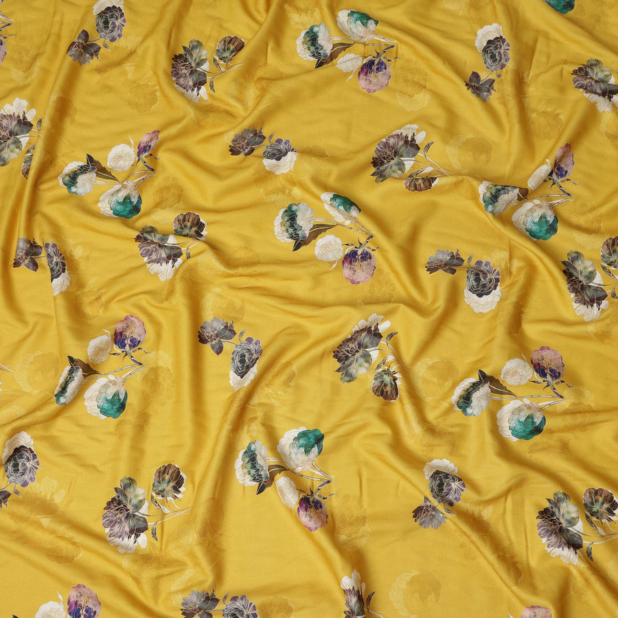 Mustard Yellow Floral Printed Viscose Crepe Fabric Soft Lightweight Draping Multicolor Flower Print Dressmaking Sewing Craft Apparel Material 110 Cms Width Made In India-D28389