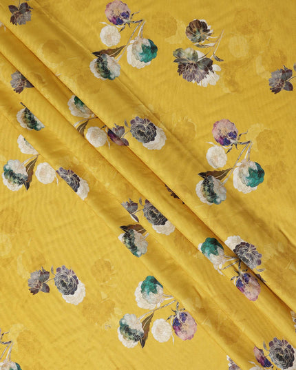 Mustard Yellow Floral Printed Viscose Crepe Fabric Soft Lightweight Draping Multicolor Flower Print Dressmaking Sewing Craft Apparel Material 110 Cms Width Made In India-D28389
