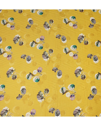 Mustard Yellow Floral Printed Viscose Crepe Fabric Soft Lightweight Draping Multicolor Flower Print Dressmaking Sewing Craft Apparel Material 110 Cms Width Made In India-D28389