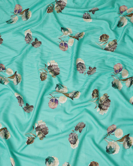 Turquoise Floral Printed Viscose Crepe Fabric Soft Lightweight Draping Multicolor Flower Print Dressmaking Sewing Craft Apparel Material 110 Cms Width Made In India-D28393