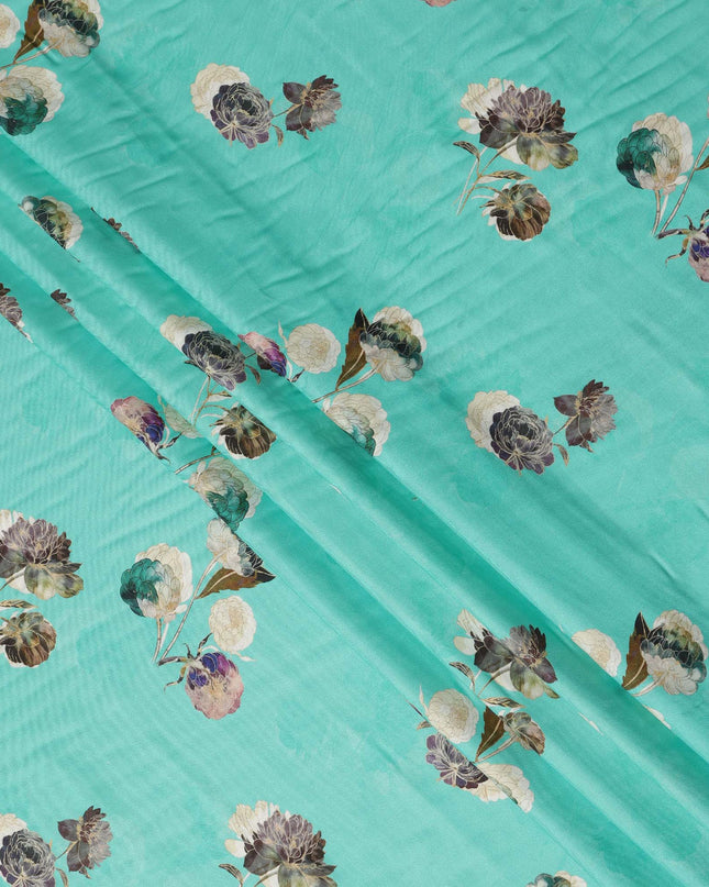 Turquoise Floral Printed Viscose Crepe Fabric Soft Lightweight Draping Multicolor Flower Print Dressmaking Sewing Craft Apparel Material 110 Cms Width Made In India-D28393