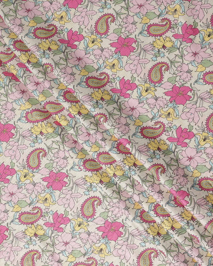 Cream Floral Paisley Printed Viscose Crepe Fabric Soft Lightweight Draping Multicolor Flower Paisley Print Dressmaking Sewing Craft Apparel Fabric 110 Cms Width Made In India-D28392