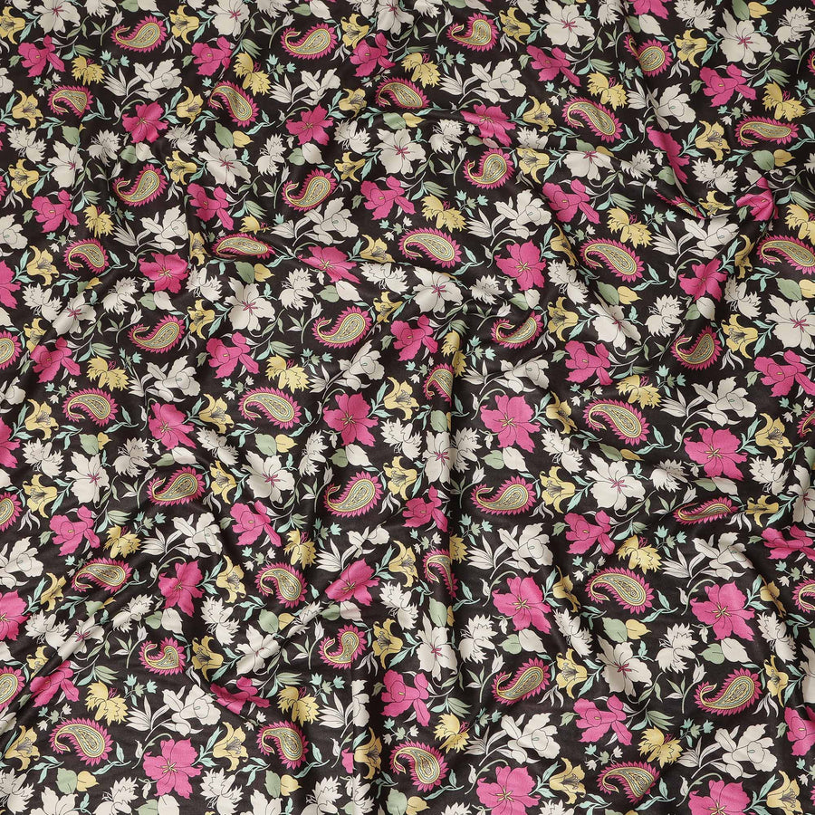 Black Paisley Floral Printed Viscose Crepe Fabric Soft Lightweight Draping Multicolor Flower Paisley Print Dressmaking Sewing Craft Apparel Material 110 Cms Width Made In India-D28391