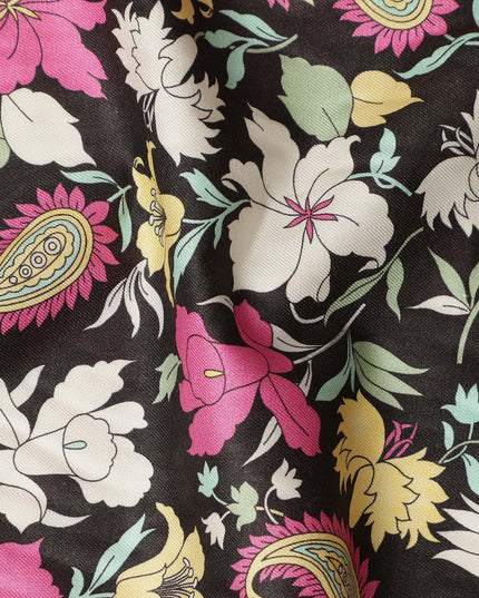 Black Paisley Floral Printed Viscose Crepe Fabric Soft Lightweight Draping Multicolor Flower Paisley Print Dressmaking Sewing Craft Apparel Material 110 Cms Width Made In India-D28391