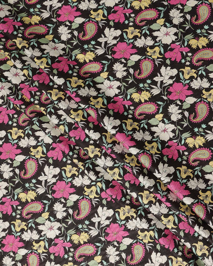 Black Paisley Floral Printed Viscose Crepe Fabric Soft Lightweight Draping Multicolor Flower Paisley Print Dressmaking Sewing Craft Apparel Material 110 Cms Width Made In India-D28391