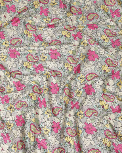 Light Grey Paisley Floral Printed Viscose Crepe Fabric Soft Lightweight Draping Multicolor Flower Paisley Print Dressmaking Sewing Apparel Fabric 110 Cms Width Made In India-D28396