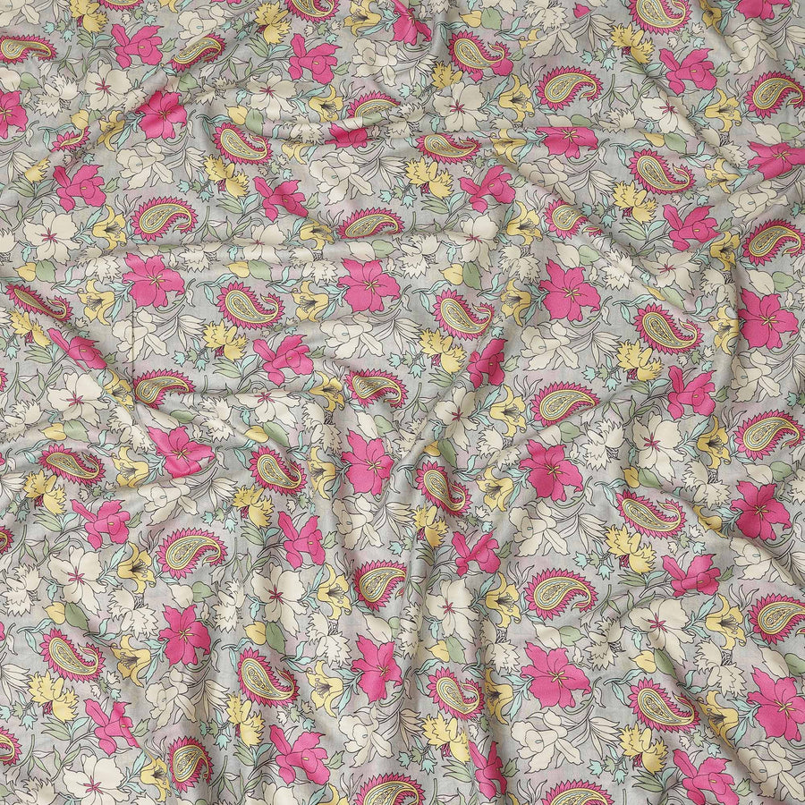 Light Grey Paisley Floral Printed Viscose Crepe Fabric Soft Lightweight Draping Multicolor Flower Paisley Print Dressmaking Sewing Apparel Fabric 110 Cms Width Made In India-D28396