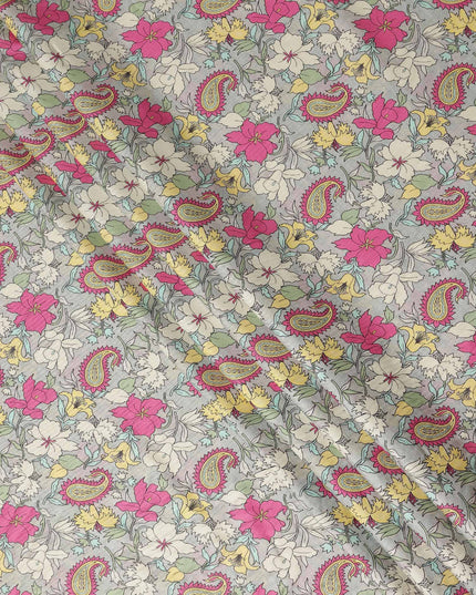 Light Grey Paisley Floral Printed Viscose Crepe Fabric Soft Lightweight Draping Multicolor Flower Paisley Print Dressmaking Sewing Apparel Fabric 110 Cms Width Made In India-D28396