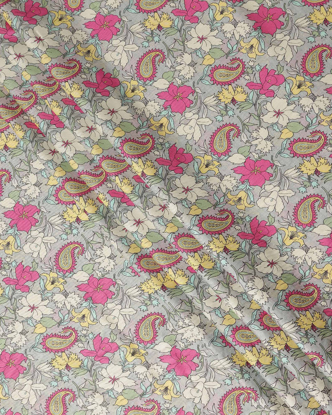 Light Grey Paisley Floral Printed Viscose Crepe Fabric Soft Lightweight Draping Multicolor Flower Paisley Print Dressmaking Sewing Apparel Fabric 110 Cms Width Made In India-D28396