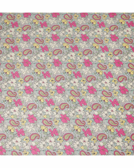 Light Grey Paisley Floral Printed Viscose Crepe Fabric Soft Lightweight Draping Multicolor Flower Paisley Print Dressmaking Sewing Apparel Fabric 110 Cms Width Made In India-D28396