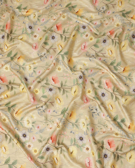 Beige Floral Printed Viscose Crepe Fabric Soft Lightweight Draping Multicolor Botanical Flower Print Dressmaking Sewing Craft Apparel Fabric 110 Cms Width Made In India-D28394