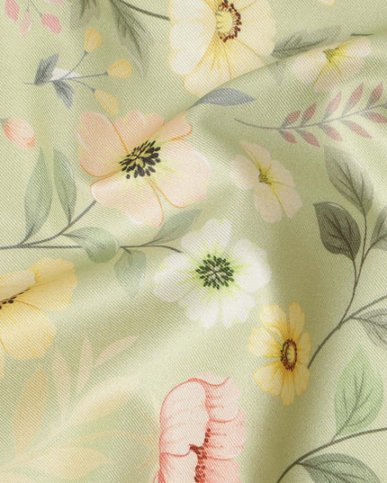 Sage Green Floral Printed Viscose Crepe Fabric Soft Lightweight Draping Multicolor Botanical Flower Print Dressmaking Sewing Craft Apparel Fabric 110 Cms Width Made In India-D28398