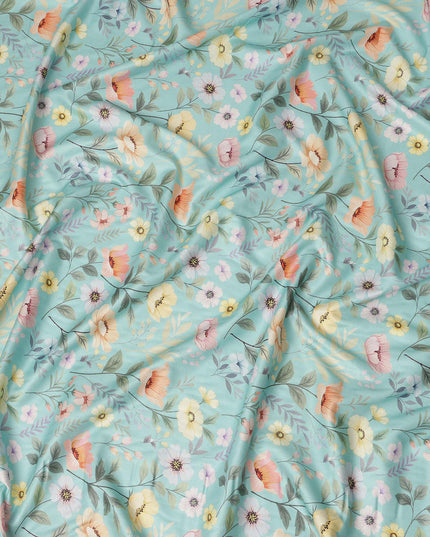 Sky Blue Floral Printed Viscose Crepe Fabric Soft Lightweight Draping Multicolor Botanical Flower Print Dressmaking Sewing Craft Apparel Fabric 110 Cms Width Made In India-D28397