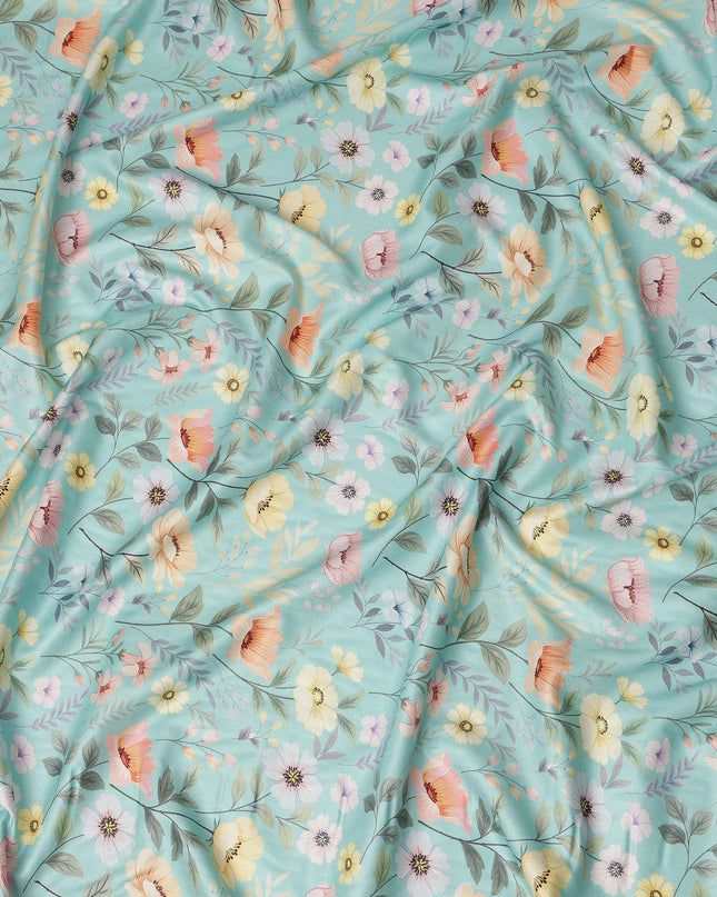 Sky Blue Floral Printed Viscose Crepe Fabric Soft Lightweight Draping Multicolor Botanical Flower Print Dressmaking Sewing Craft Apparel Fabric 110 Cms Width Made In India-D28397