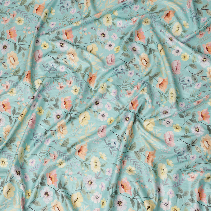 Sky Blue Floral Printed Viscose Crepe Fabric Soft Lightweight Draping Multicolor Botanical Flower Print Dressmaking Sewing Craft Apparel Fabric 110 Cms Width Made In India-D28397