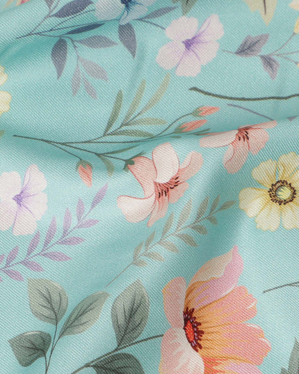 Sky Blue Floral Printed Viscose Crepe Fabric Soft Lightweight Draping Multicolor Botanical Flower Print Dressmaking Sewing Craft Apparel Fabric 110 Cms Width Made In India-D28397