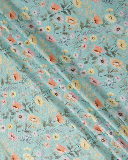 Sky Blue Floral Printed Viscose Crepe Fabric Soft Lightweight Draping Multicolor Botanical Flower Print Dressmaking Sewing Craft Apparel Fabric 110 Cms Width Made In India-D28397