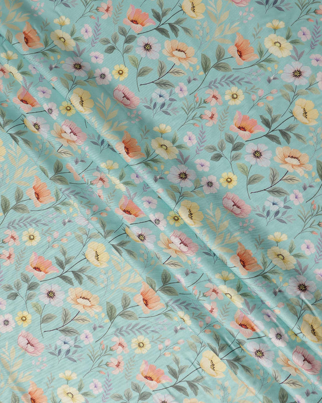 Sky Blue Floral Printed Viscose Crepe Fabric Soft Lightweight Draping Multicolor Botanical Flower Print Dressmaking Sewing Craft Apparel Fabric 110 Cms Width Made In India-D28397