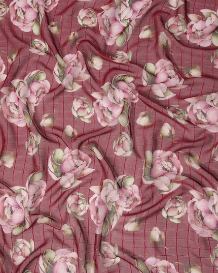 Red Pink Floral Rose Print Viscose Georgette Fabric Soft Lightweight Flowing Dressmaking Sewing Material Floral Grid Design Printed Fabric 110 Cms Width Made in India-D28219