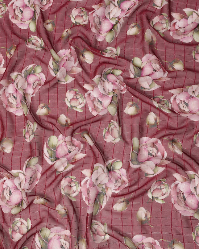 Red Pink Floral Rose Print Viscose Georgette Fabric Soft Lightweight Flowing Dressmaking Sewing Material Floral Grid Design Printed Fabric 110 Cms Width Made in India-D28219