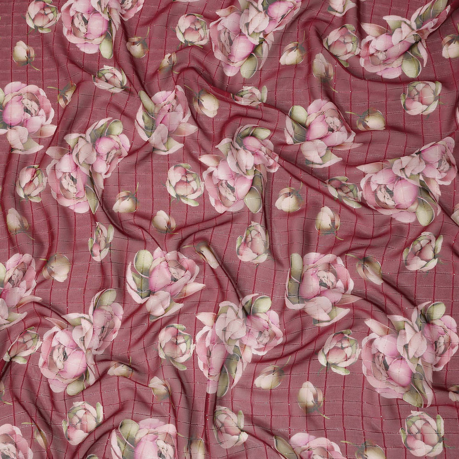 Red Pink Floral Rose Print Viscose Georgette Fabric Soft Lightweight Flowing Dressmaking Sewing Material Floral Grid Design Printed Fabric 110 Cms Width Made in India-D28219