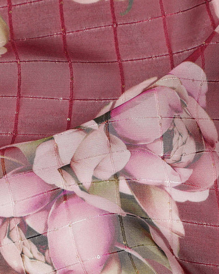 Red Pink Floral Rose Print Viscose Georgette Fabric Soft Lightweight Flowing Dressmaking Sewing Material Floral Grid Design Printed Fabric 110 Cms Width Made in India-D28219