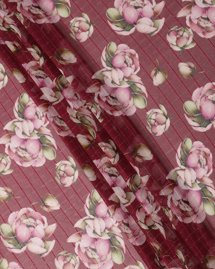 Red Pink Floral Rose Print Viscose Georgette Fabric Soft Lightweight Flowing Dressmaking Sewing Material Floral Grid Design Printed Fabric 110 Cms Width Made in India-D28219