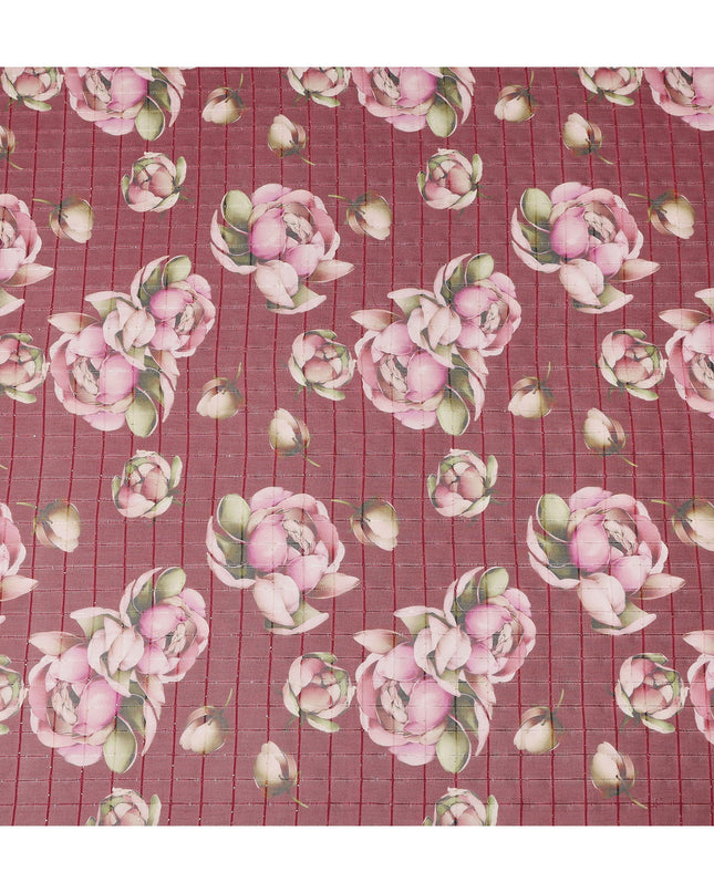 Red Pink Floral Rose Print Viscose Georgette Fabric Soft Lightweight Flowing Dressmaking Sewing Material Floral Grid Design Printed Fabric 110 Cms Width Made in India-D28219
