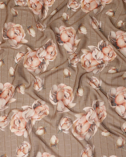 Brown Peach Floral Rose Print Viscose Georgette Fabric Soft Lightweight Flowing Dressmaking Sewing Material Floral Grid Design Printed Fabric 110 Cms Width Made in India-D28216