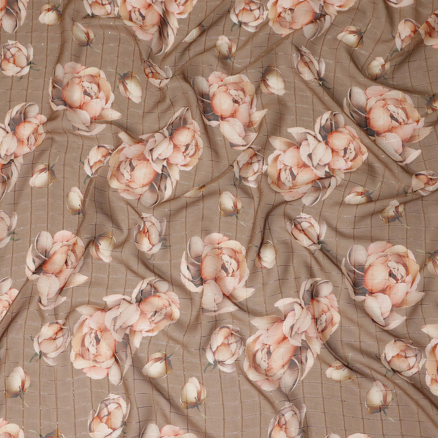 Brown Peach Floral Rose Print Viscose Georgette Fabric Soft Lightweight Flowing Dressmaking Sewing Material Floral Grid Design Printed Fabric 110 Cms Width Made in India-D28216