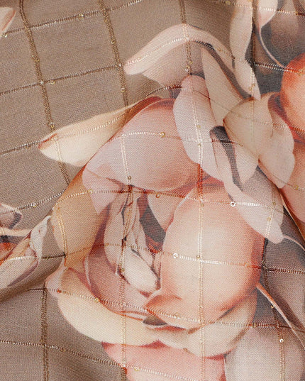 Brown Peach Floral Rose Print Viscose Georgette Fabric Soft Lightweight Flowing Dressmaking Sewing Material Floral Grid Design Printed Fabric 110 Cms Width Made in India-D28216