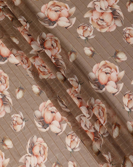 Brown Peach Floral Rose Print Viscose Georgette Fabric Soft Lightweight Flowing Dressmaking Sewing Material Floral Grid Design Printed Fabric 110 Cms Width Made in India-D28216