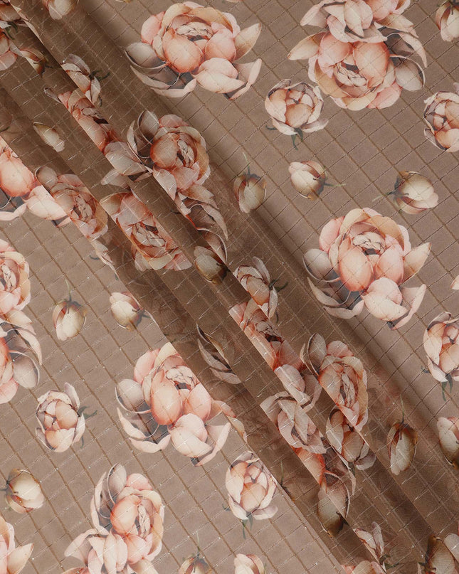 Brown Peach Floral Rose Print Viscose Georgette Fabric Soft Lightweight Flowing Dressmaking Sewing Material Floral Grid Design Printed Fabric 110 Cms Width Made in India-D28216