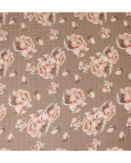 Brown Peach Floral Rose Print Viscose Georgette Fabric Soft Lightweight Flowing Dressmaking Sewing Material Floral Grid Design Printed Fabric 110 Cms Width Made in India-D28216