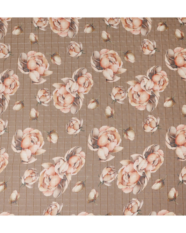 Brown Peach Floral Rose Print Viscose Georgette Fabric Soft Lightweight Flowing Dressmaking Sewing Material Floral Grid Design Printed Fabric 110 Cms Width Made in India-D28216