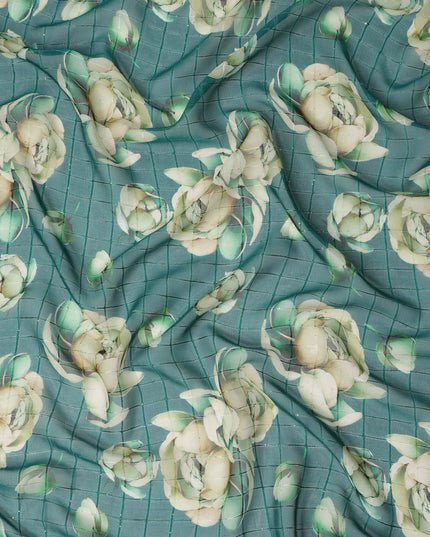 Green Cream Floral Rose Print Viscose Georgette Fabric Soft Lightweight Flowing Dressmaking Sewing Material Floral Grid Design Printed Fabric 110 Cms Width Made in India-D28218